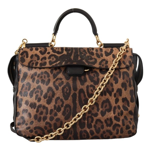 DOLCE & GABBANA Brown Leopard Leather Purse Satchel Sicily Shoulder Bag - Picture 1 of 7